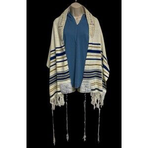 Vintage Jewish Tallit Prayer Shawl Blue Gold Stripes Tzitzit with Bag